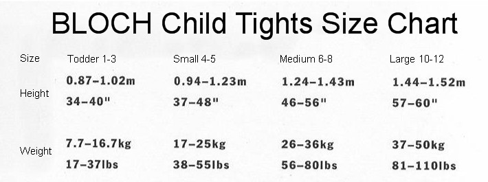 Bloch Child Tights Sizing Chart
